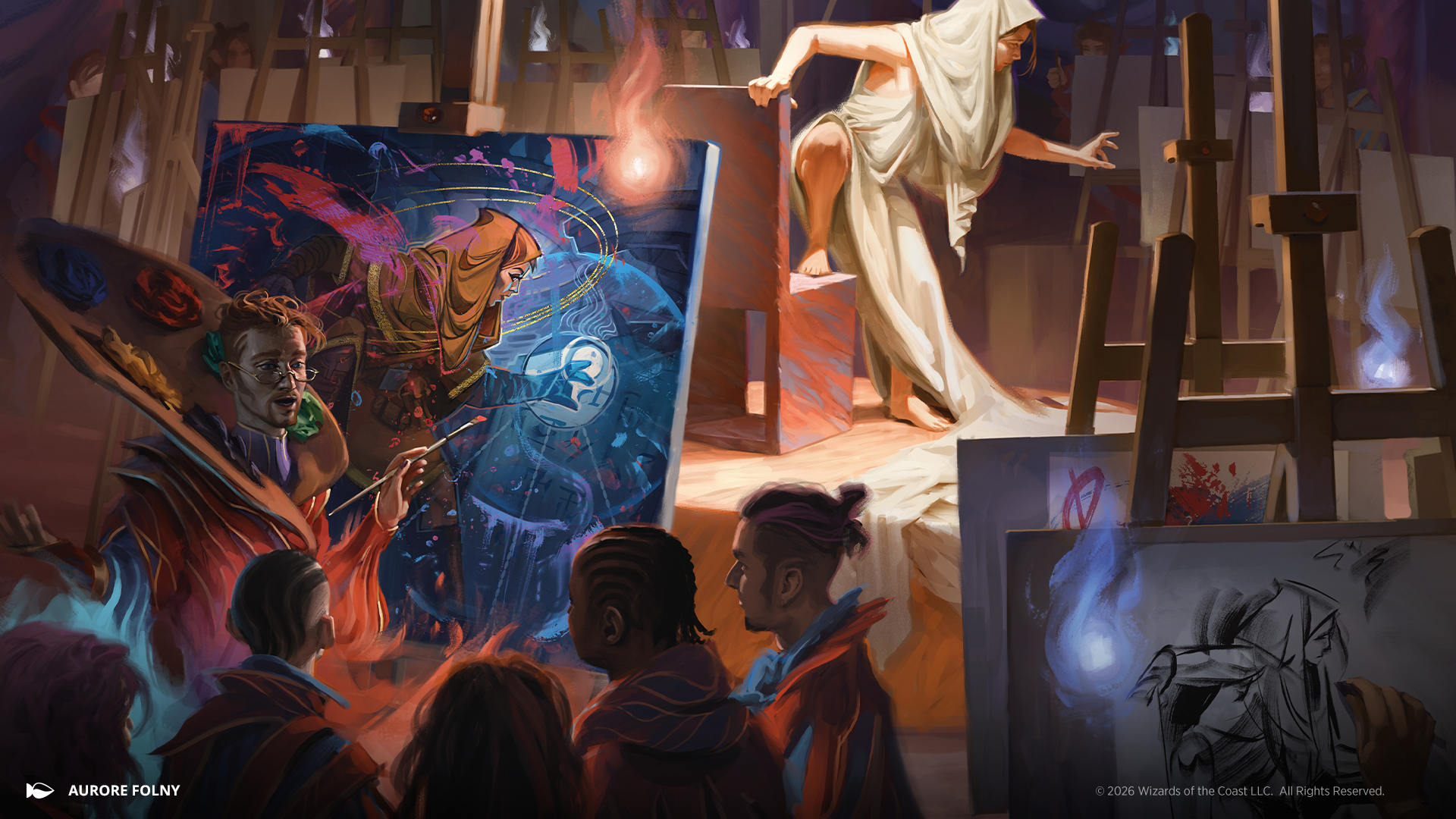 An artists talks to students while illustrating a woman in robes