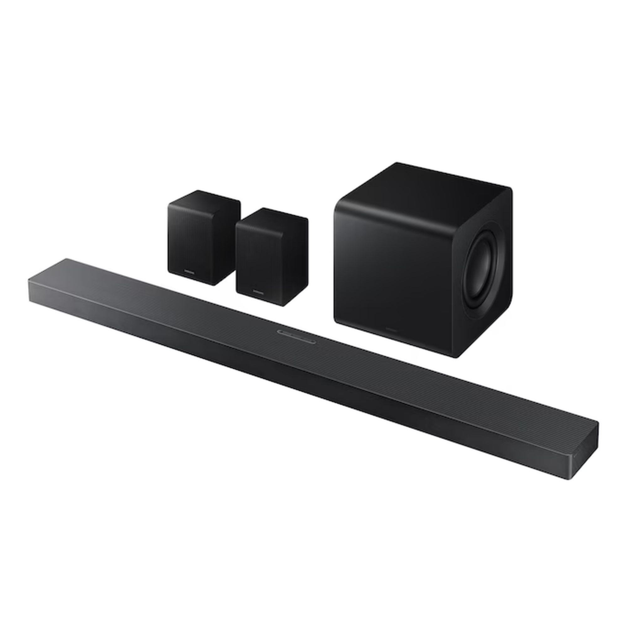 Samsung HW-QS750F soundbar, woofer and two surround speakers against white background.
