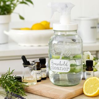 cleaning material with spray bottle lemon and chopping board
