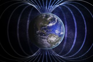 A representation of Earth and its magnetic field. 
