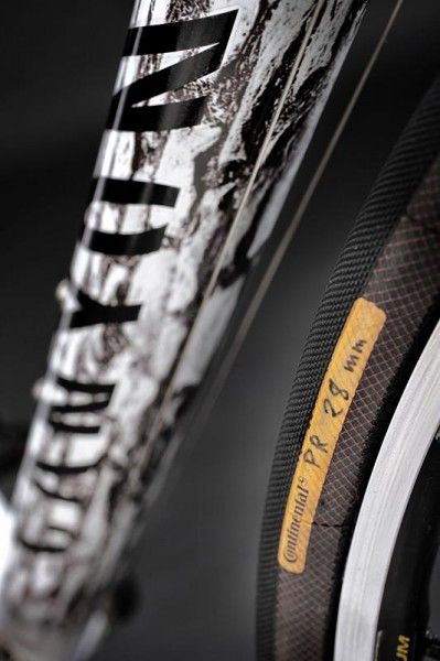 A graphic on the down tube mirrors the appearance of the cobbles below.