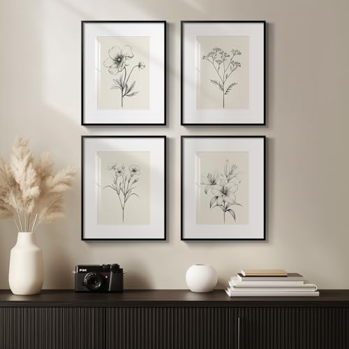 Framed Black and White Botanical Wall Art for Bathroom, Farmhouse Floral Plant Artwork for Bathroom Walls, 4 Piece Minimalist Vintage Picture Prints for Bedroom Kitchen Living Room Wall Decor, 8x10 in