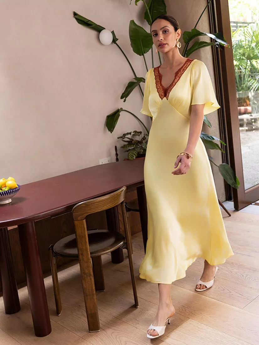 Rewritten Ellis Lace Trim Satin Dress, Butter Yellow
