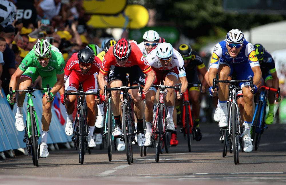 The sprinters approach the line during stage 6 at the Tour de France