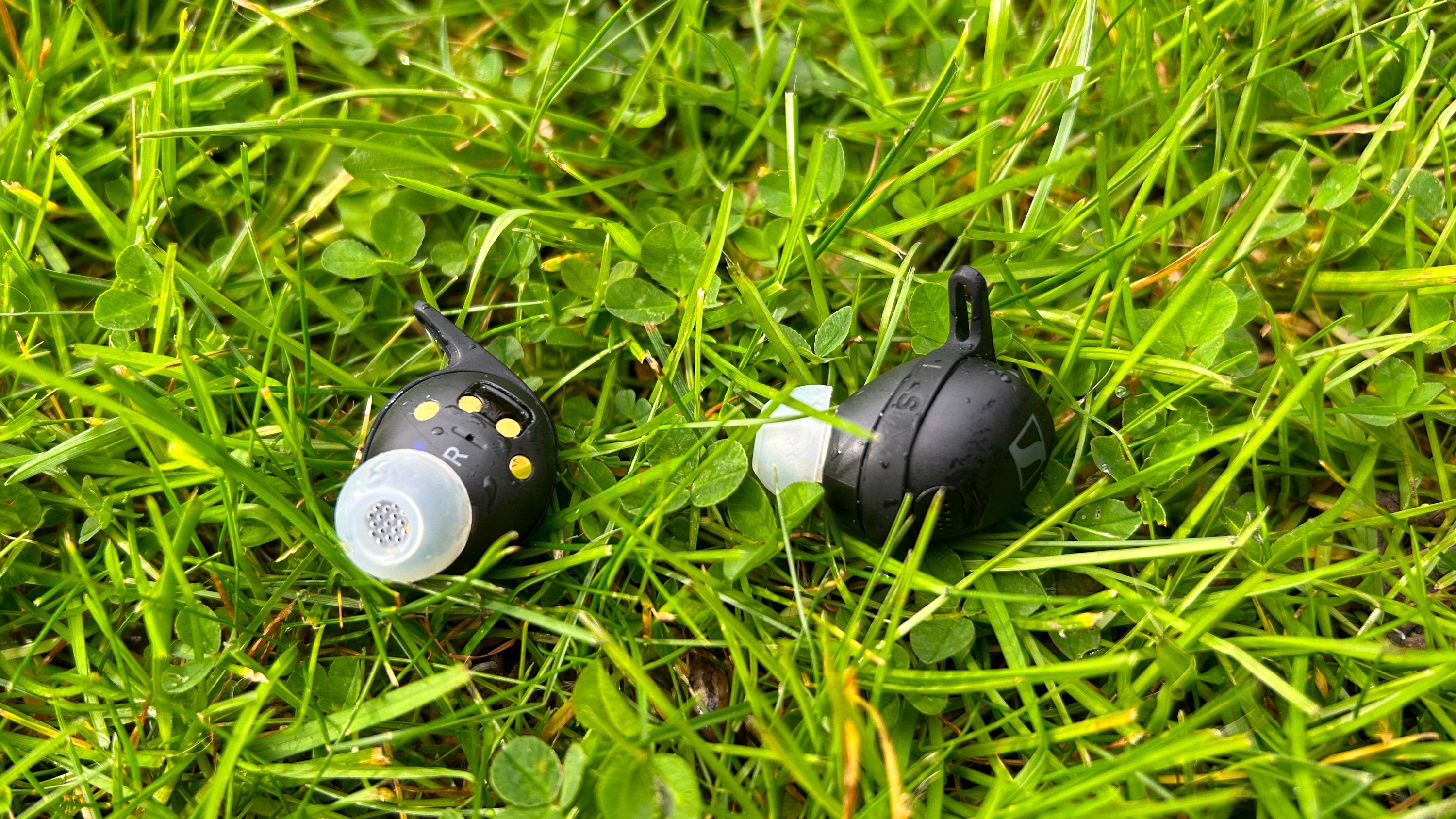 Sennheiser Momentum Sport earbuds in wet grass