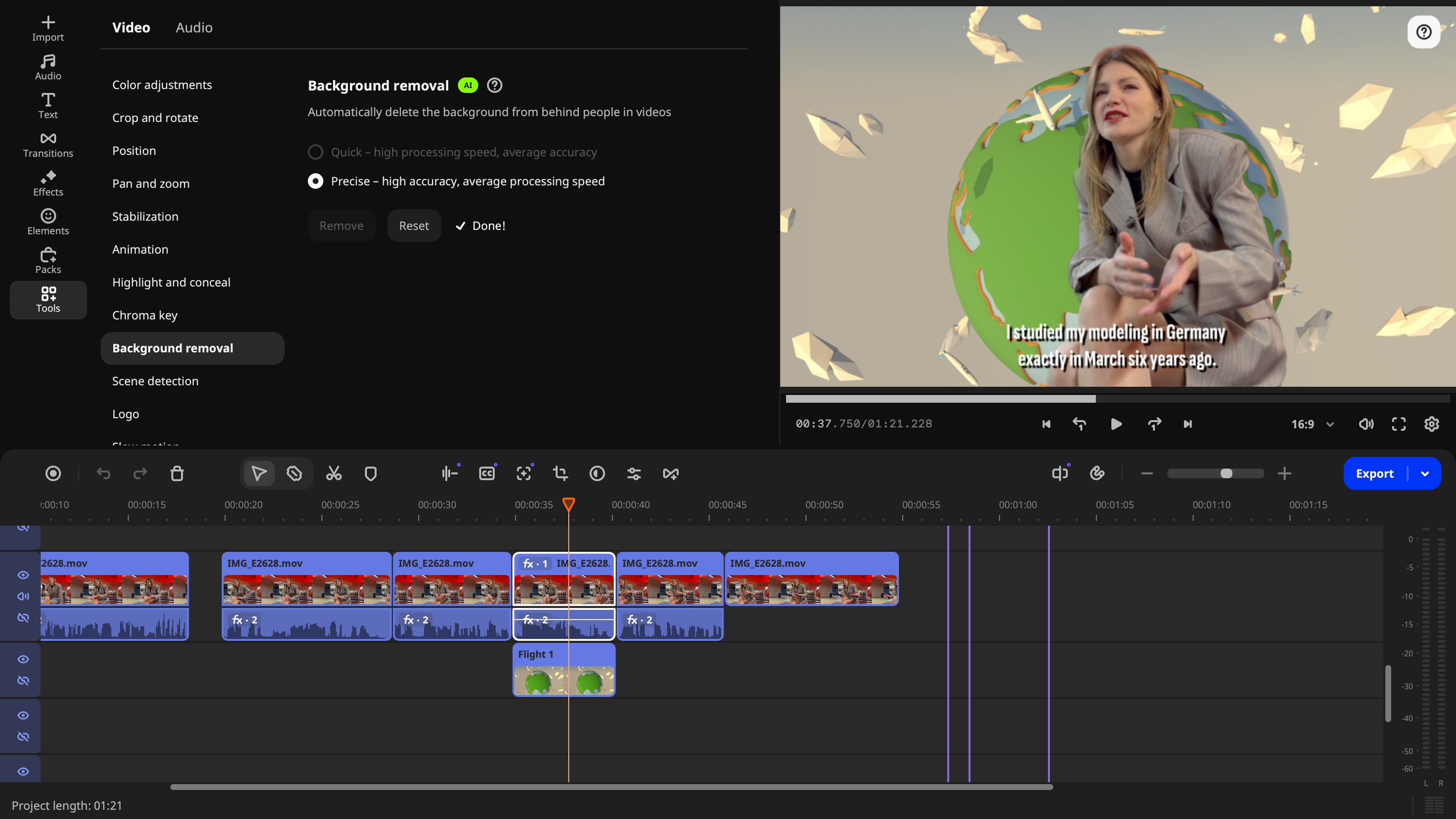 Screenshot showing the background removal panel, which is part of the Video Tools category. The model&amp;rsquo;s background has been replaced by a graphic of the globe.