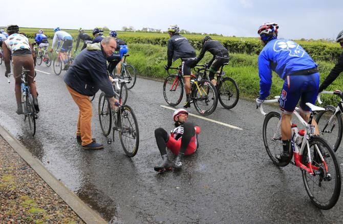 Giampaolo Caruso (Katusha) on the ground after a crash