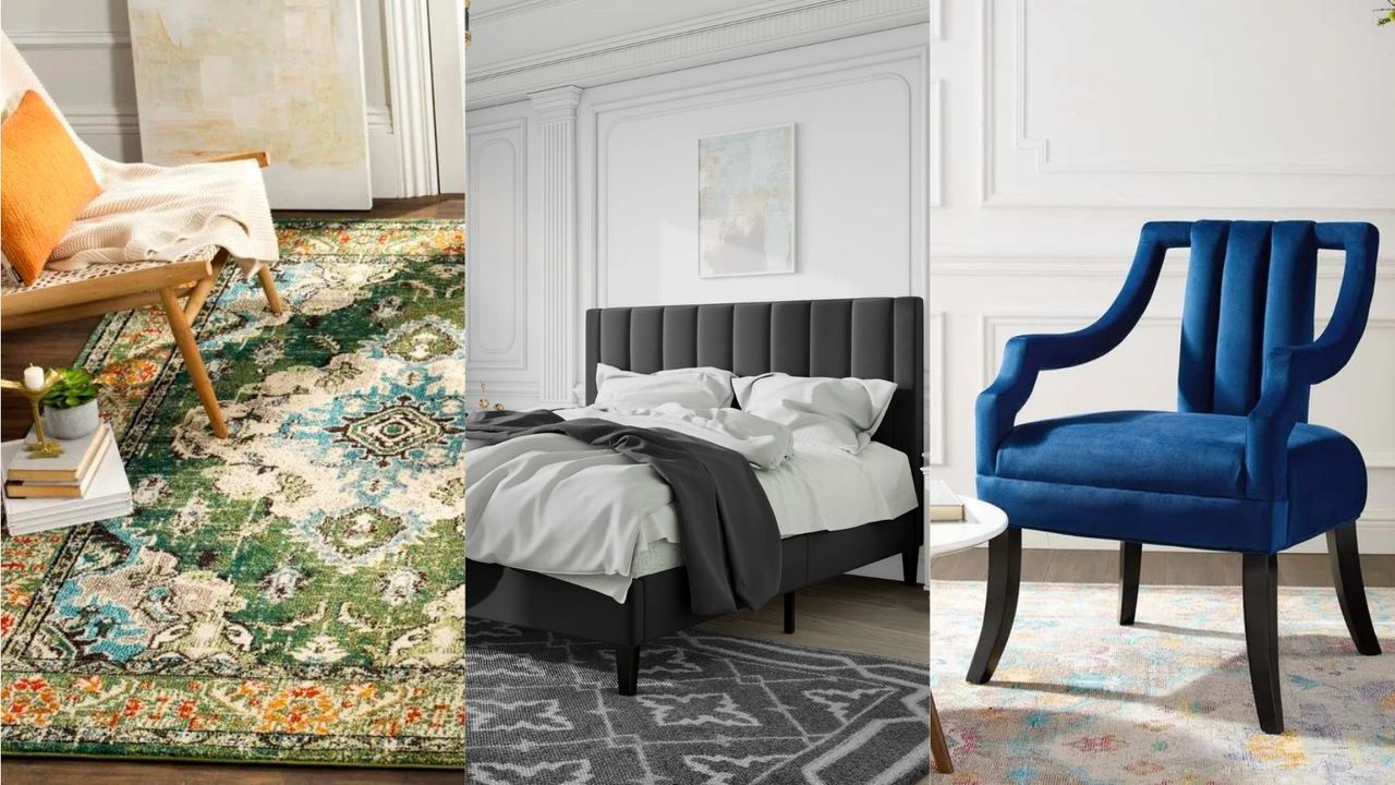 A three-panel image of products available in the Wayfair New Year sales