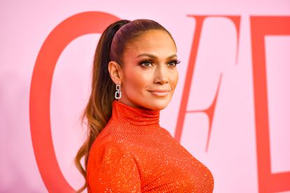 J.Lo wears a thick high ponytail hairstyle