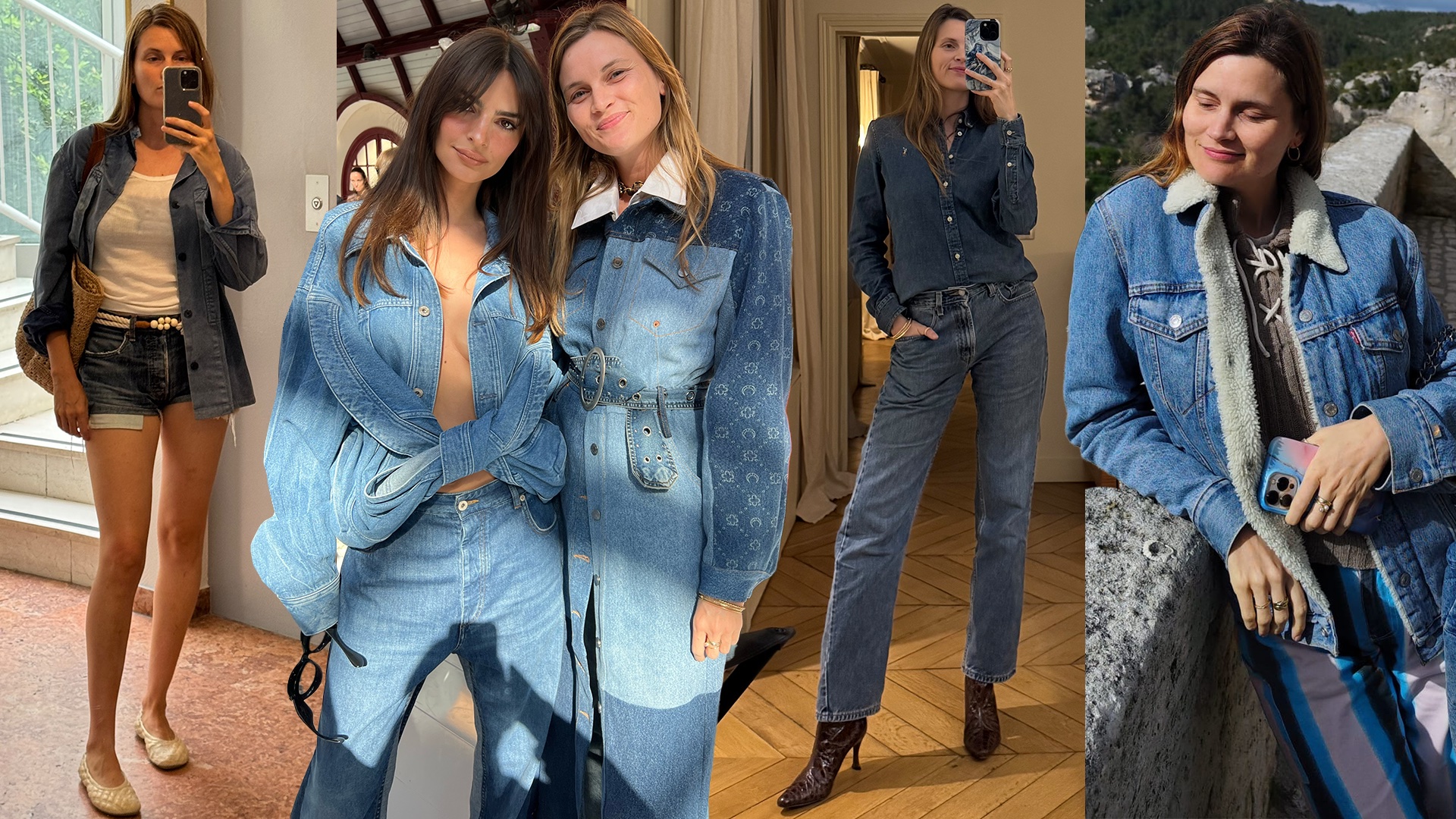 fashion collage of French editor Eugenie Trochu and Emily Ratajkowski Emrata in denim-on-denim looks 