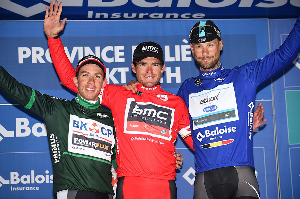 Philipp Walsleben (BKCP-Powerplus) in the green jersey, Greg Van Avermaet (BMC) in the red leader's jersey and Tom Boonen in the blue jersey