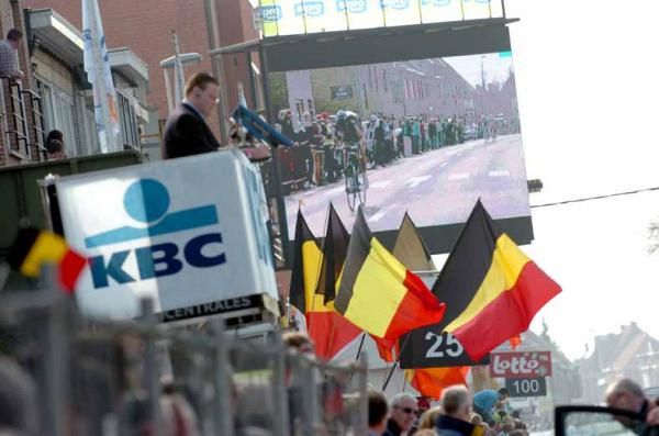 Ian Stannard's (Sky) solo bid as seen on the big screen in Wevelgem.