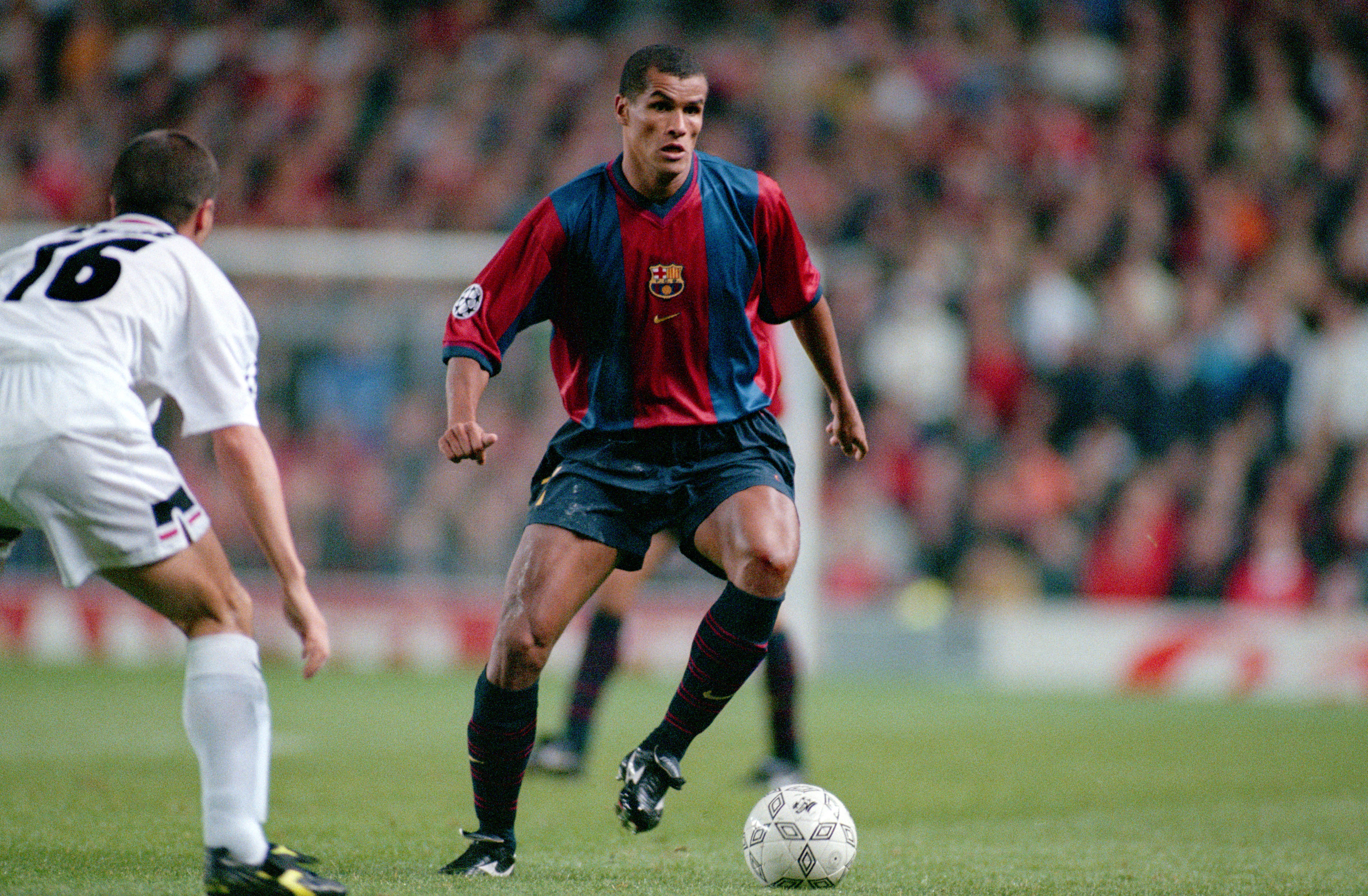 Rivaldo on the ball for Barcelona against Manchester United in the Champions League in September 1998.