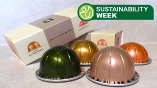 Nespresso Vertuo pods and boxes on kitchen counter with green graphic reading 'Sustainability Week'