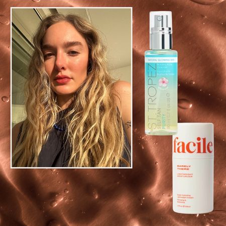 a blonde woman with glowing skin on a dark tan creamy background with a blue bottle of self-tanner on her right, next to a tan and red bottle of moisturizer