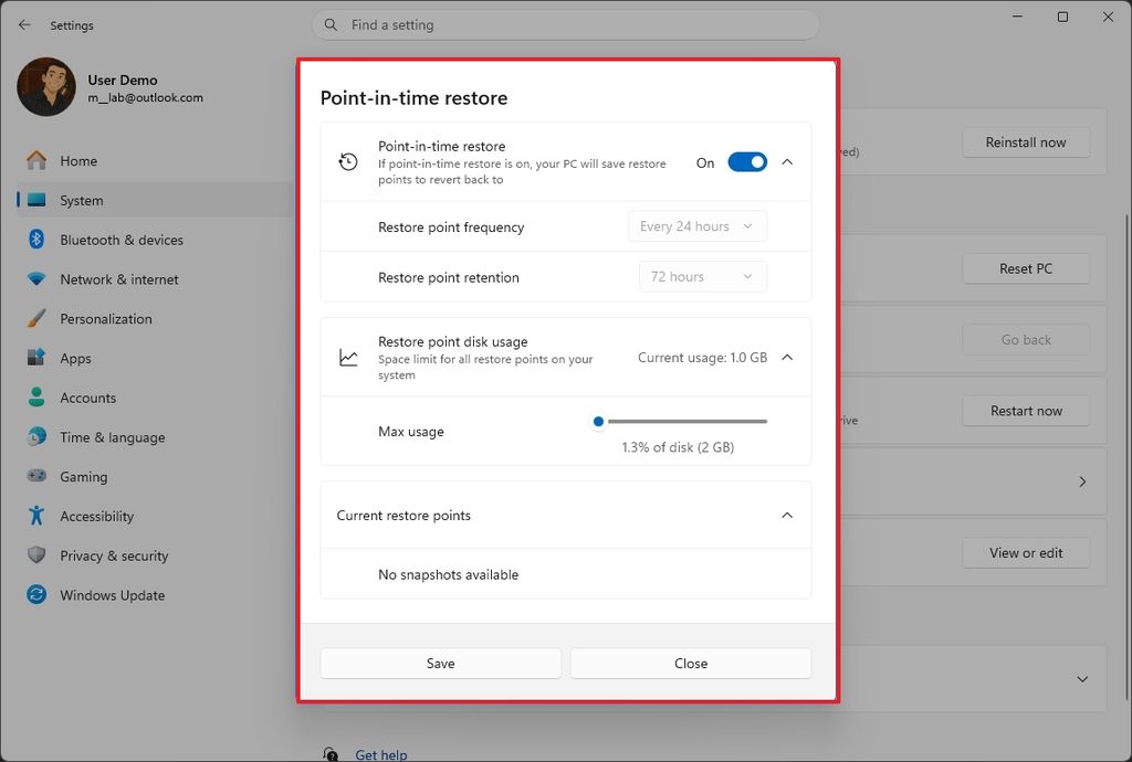 Point-in-time restore settings modern design