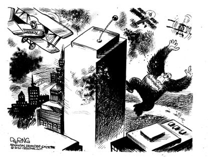 Political Cartoon U.S. Bloomberg Warren King Kong movies beasts fighting