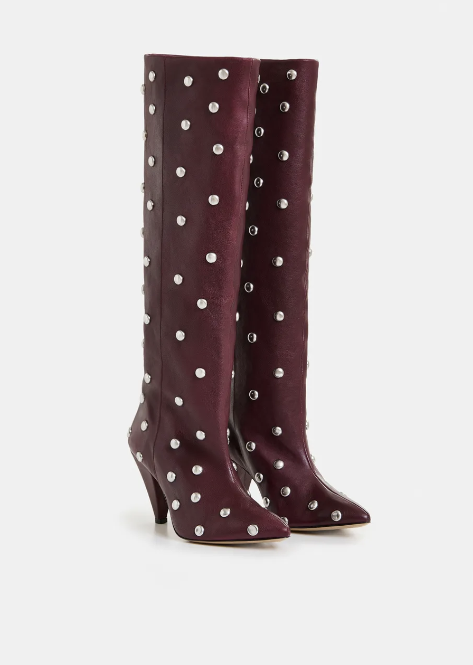 Essentiel, Burgundy Studded Leather Knee-High Cone Heel Boots