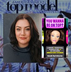 an image of sarah hartshorne and her memoir overlayed on images from her time on 'america's next top model'