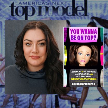 an image of sarah hartshorne and her memoir overlayed on images from her time on 'america's next top model'
