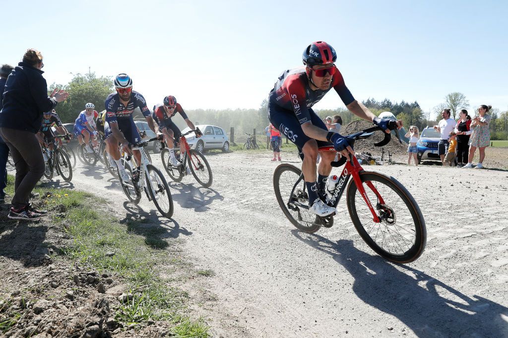 ROUBAIX FRANCE APRIL 17 LR Guillaume Van Keirsbulck of Belgium and Team AlpecinFenix and Dylan Van Baarle of Netherlands and Team INEOS Grenadiers compete passing through a Tilloy SarsetRosires cobblestones sector during the 119th ParisRoubaix 2022 Mens Elite a 2572km one day race from Compigne to Roubaix ParisRoubaix WorldTour on April 17 2022 in Roubaix France Photo by Bas CzerwinskiGetty Images