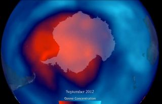The hole in the protective ozone layer above Antarctica in September 2012.