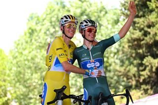 Yellow jersey, Mark Cavendish and green jersey, Frank van den Broek at sign on of stage two of the Tour de France 2024
