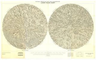 two polar views of the moon based on satellite images, side by side