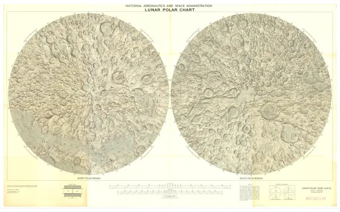 two polar views of the moon based on satellite images, side by side