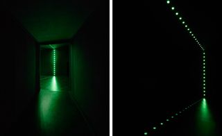 Two side by side images. Both are dark with a green neon light.