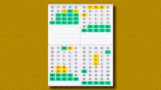 Quordle Daily Sequence answers for game 1081 on a yellow background