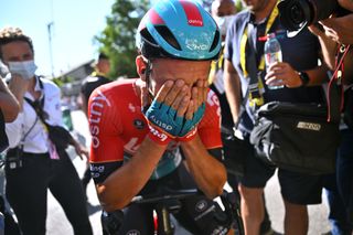 BARCELONNETTE FRANCE JULY 18 Stage winner Victor Campenaerts of Belgium and Team Lotto Dstny reacts after the 111th Tour de France 2024 Stage 18 a 1795km stage from Gap to Barcelonnette 1134m UCIWT on July 18 2024 in Barcelonnette France Photo by Dario BelingheriGetty Images