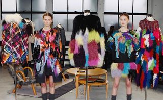Models wearing technicolor Mongolian fur and shaggy knitwear patch pieces