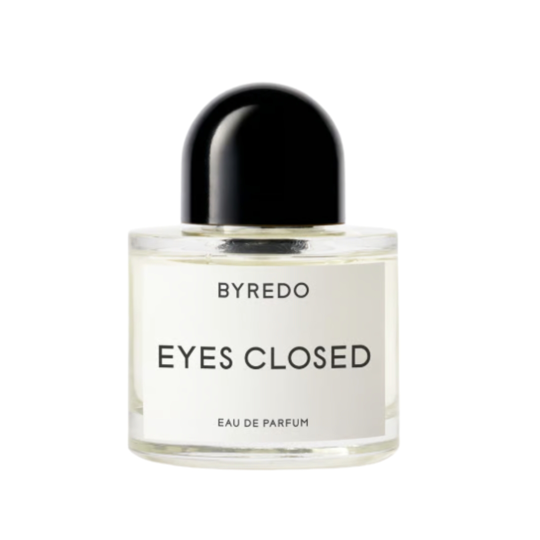 A product shot of the Byredo Eyes Closed parfum, on a white background