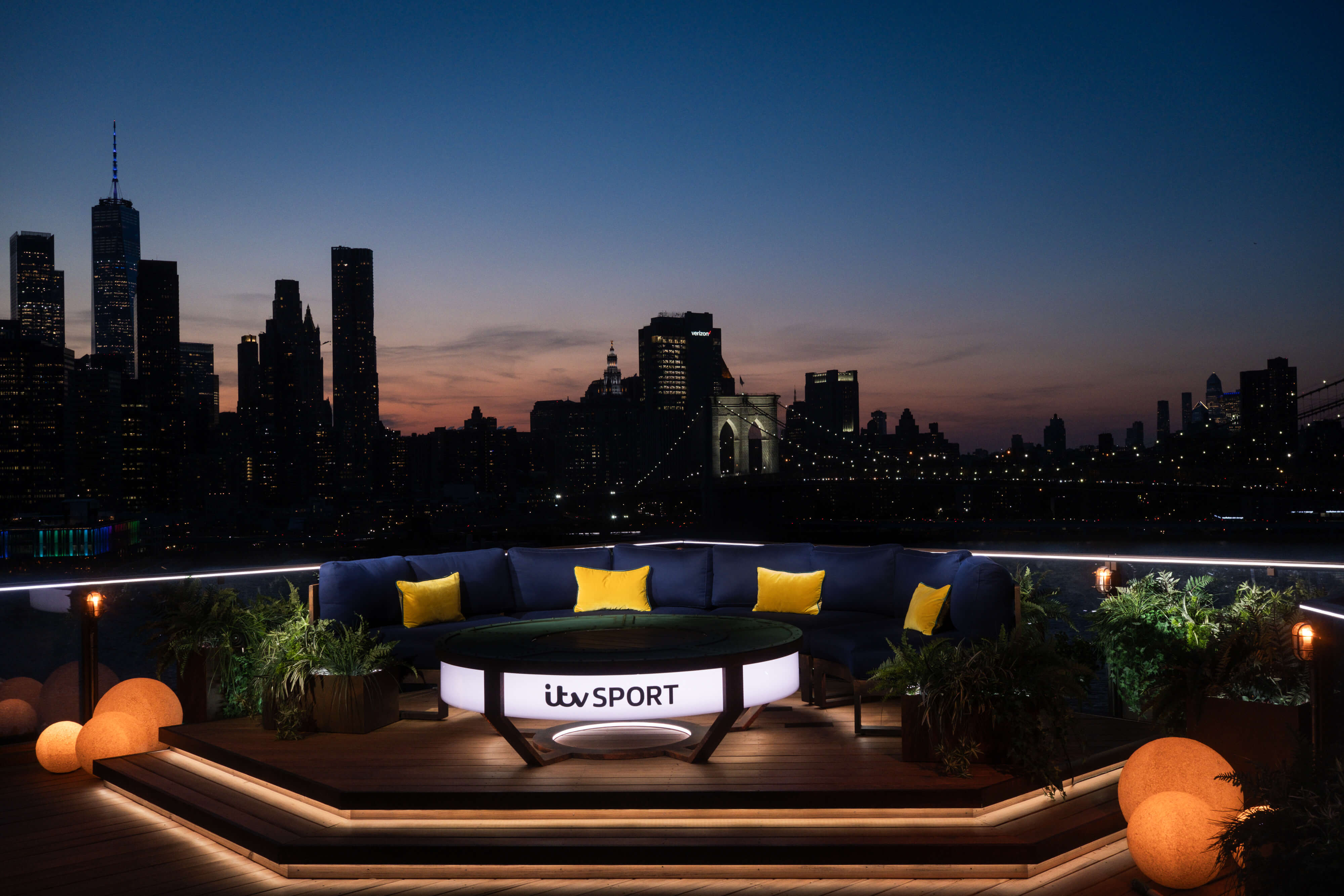 Shots of ITV's outdoor Brooklyn Studio at night and at day overlooking Manhattan without any pundits or presenters in shot