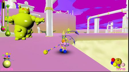 A 3D cartoon jester with a pogo stick stands in a hazy dreamscape.