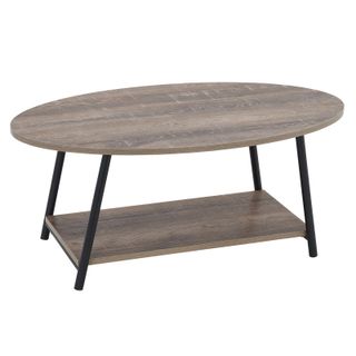 coffee table with oval shape, wooden top and black legs
