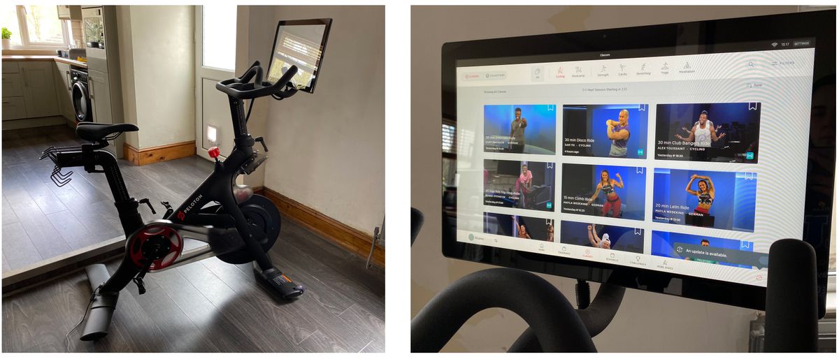 Left: Peloton bike pictured in kitchen, Right: Peloton screen