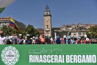 'You will rise again Bergamo' reads the banner at the start of Il Lombardia