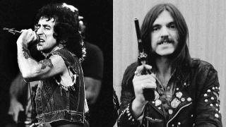 A composite image of AC/DC&rsquo;s Bon Scott performing onstage and Lemmy of Motorhead holding a pistol
