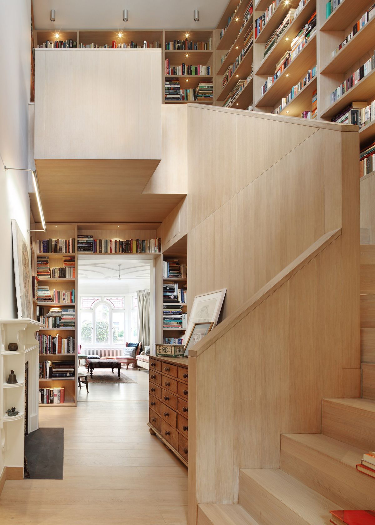a built in desk on a mezzanine level