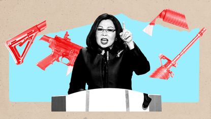 Senator Tammy Duckworth in front of an illustration of guns