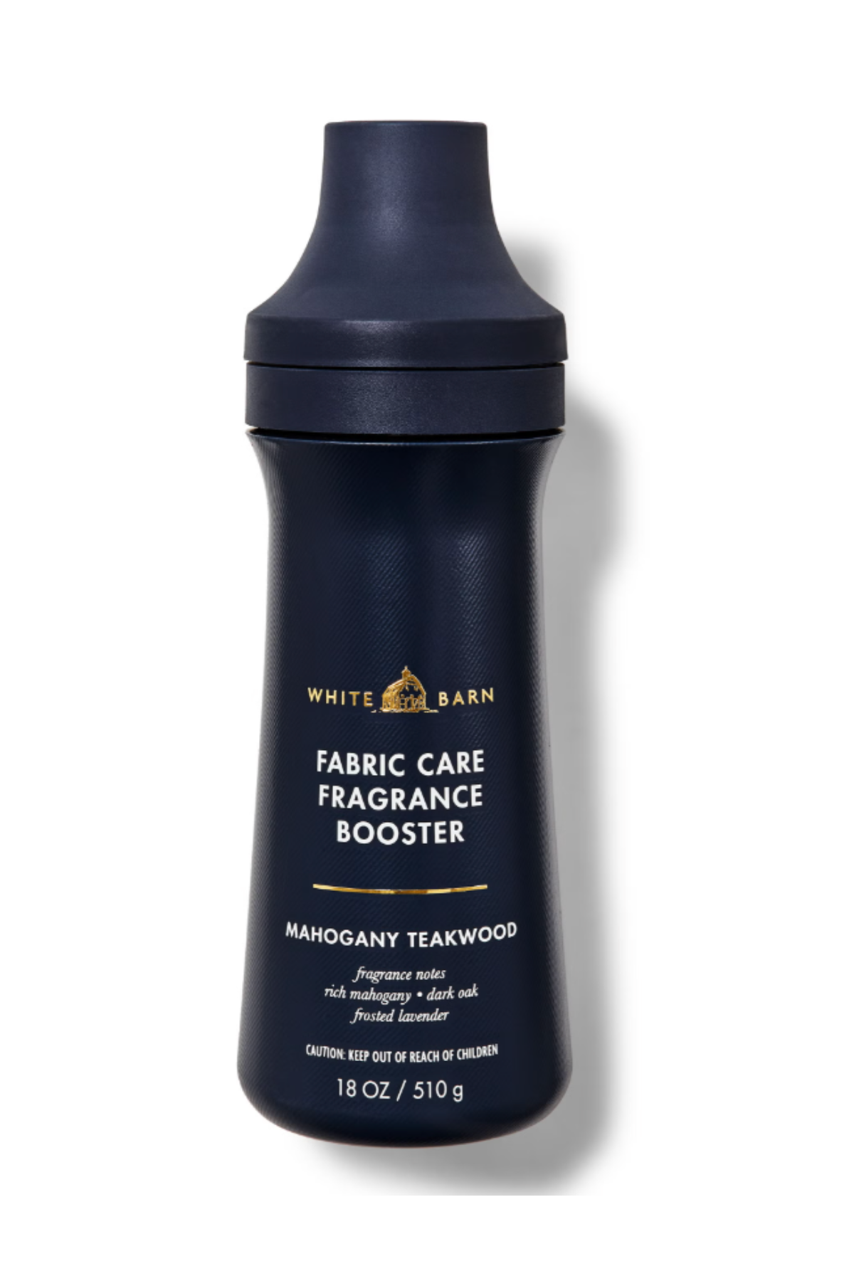 a dark navy blue bottle with white and gold writing that says fabric care fragrance booster