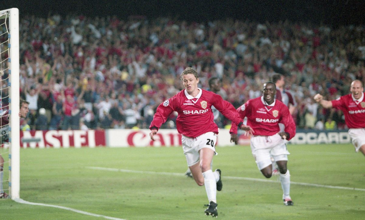 Ole Gunnar Solskjaer celebrates after scoring the winning goal for Manchester United against Bayern Munich in injury time of the 1999 Champions League final at the Camp Nou, Barcelona