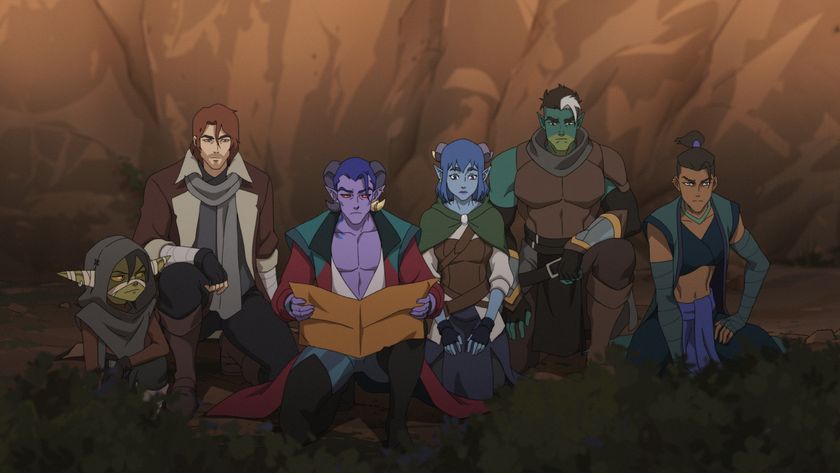 Mollymauk looking at a map as the rest of The Mighty Nein sit around him in the Prime Video show's sixth episode