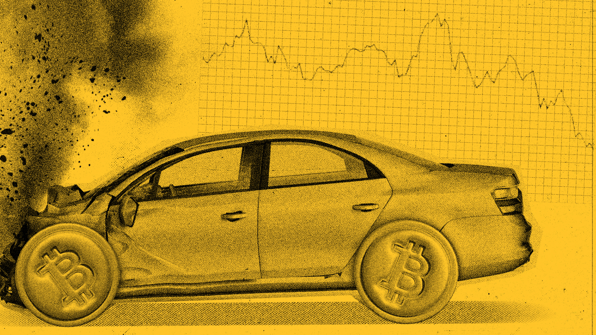 Illustration of a crashed car with Bitcoin tires