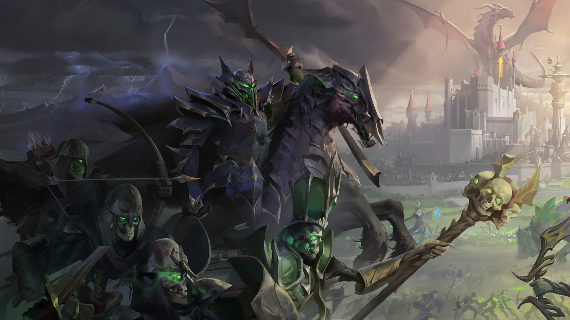 Key art for Heroes of Might and Magic: Olden Era, showing a large battle with a castle and dragon in the background, cropped to focus on the necromancer army