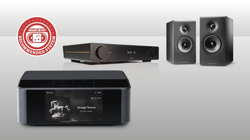 Bluesound Node Icon, Arcam A5+ amp and Acoustic Energy speakers against grey background