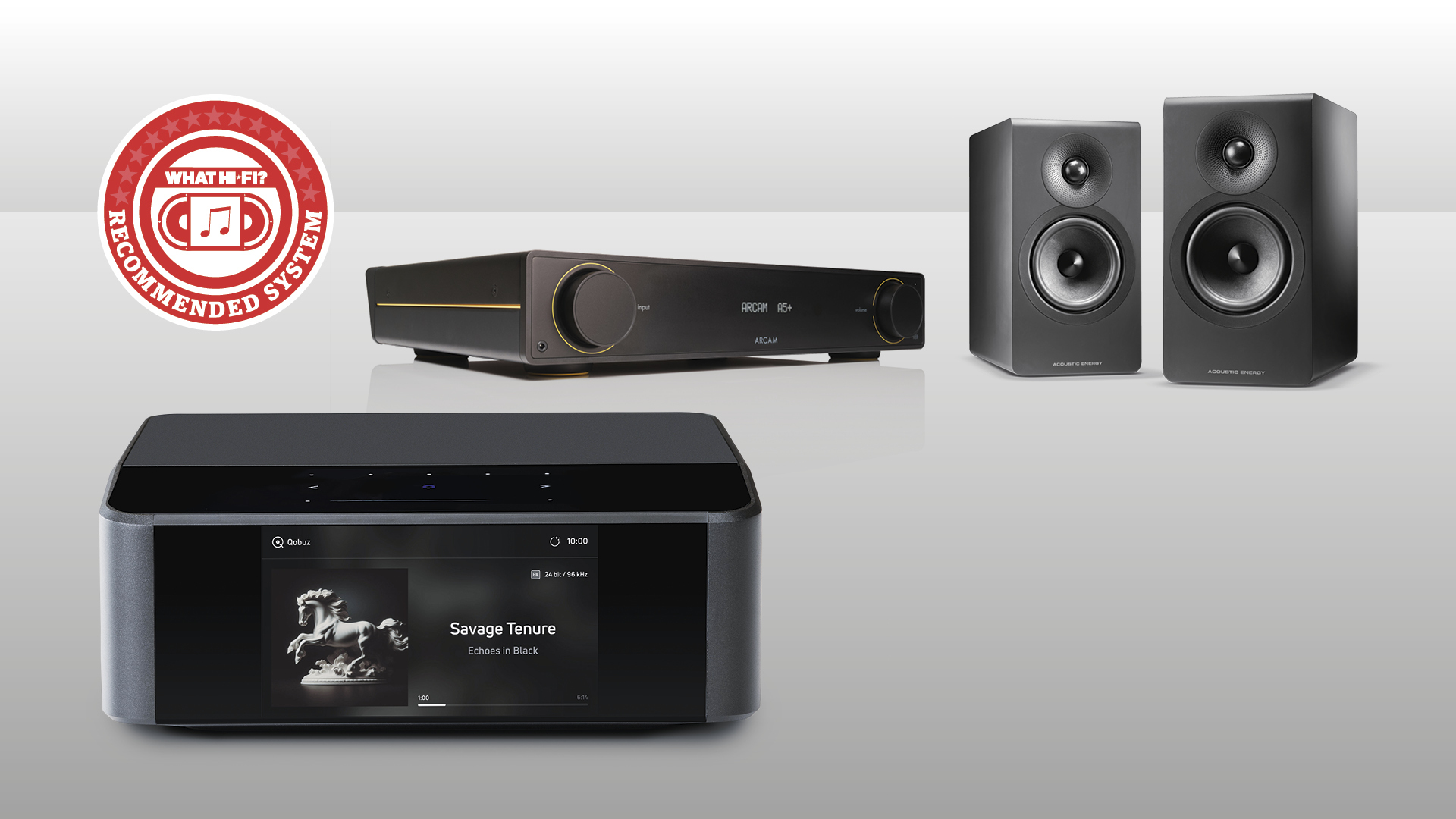Bluesound Node Icon, Arcam A5+ amp and Acoustic Energy speakers against grey background