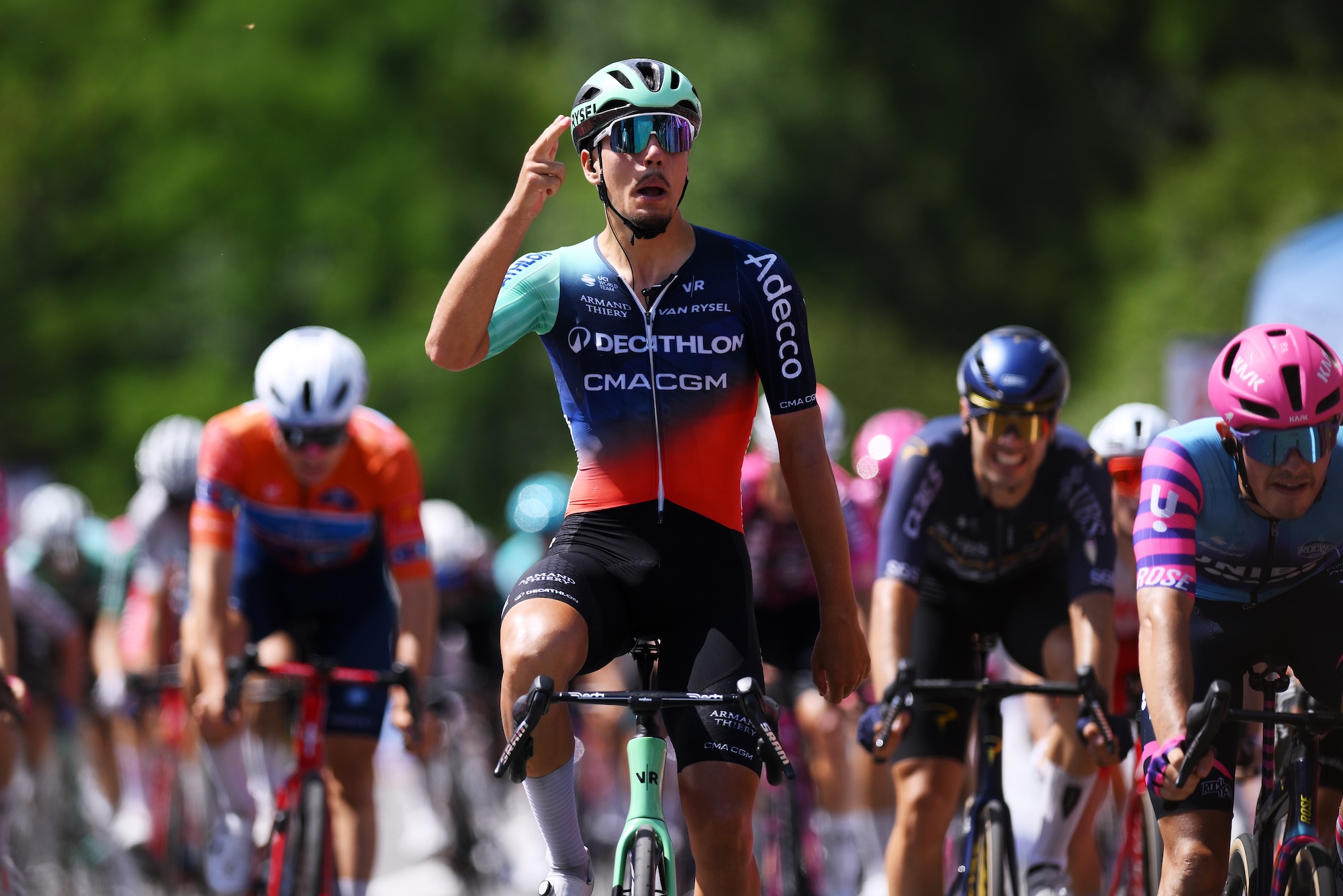 SAINT-GAUDENS, FRANCE - JUNE 19: Noa Isidore of France and Team Decathlon CMA CGM celebrates at finish line as stage winner during the 49th La Route d&acute;Occitanie - CIC 2026, Stage 2 a 200.5km stage from Cordes-sur-Ciel to Saint-Gaudens on June 19, 2026 in Saint-Gaudens, France. (Photo by Alex Broadway/Getty Images)